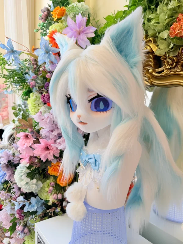 Fursuit Head – Bluebell Whisper Kemono (Ice Blue & White)
