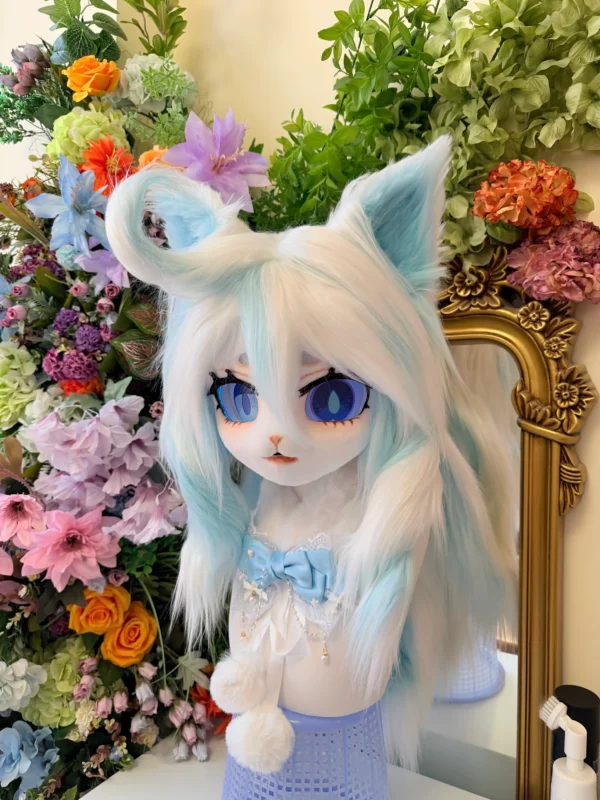 Fursuit Head – Bluebell Whisper Kemono (Ice Blue & White)