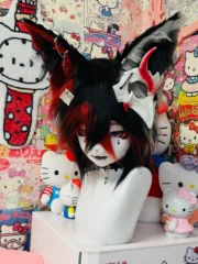 Fursuit Head – Crimson Horn Veil Gothic Kemono (Black, Ash & Blood Red)