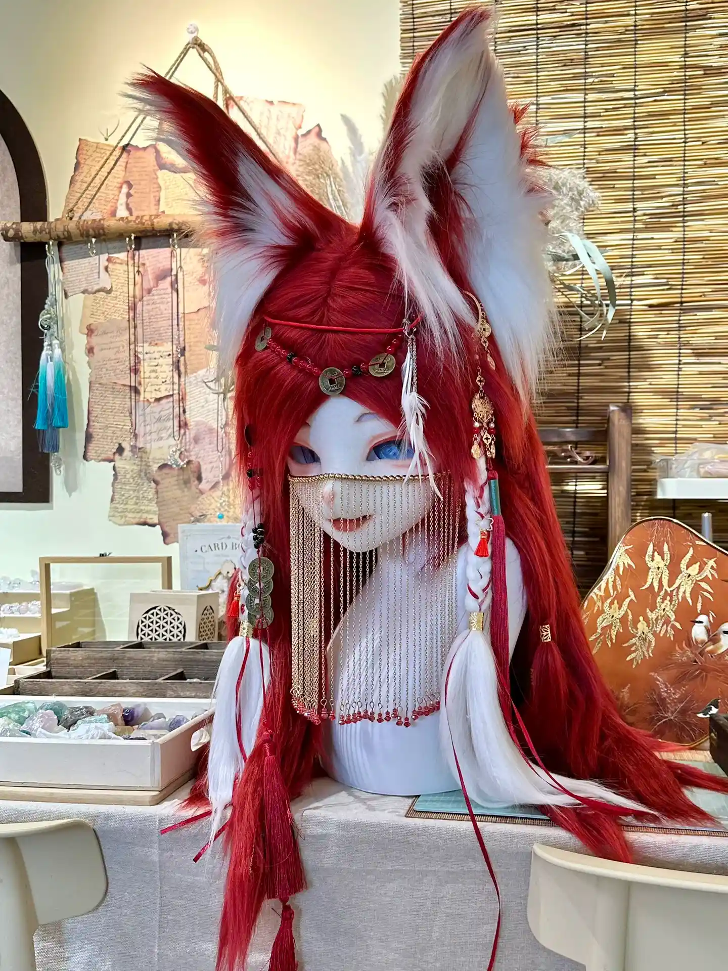 Fursuit Head – Crimson Oracle Elegant Kemono (Red & White)