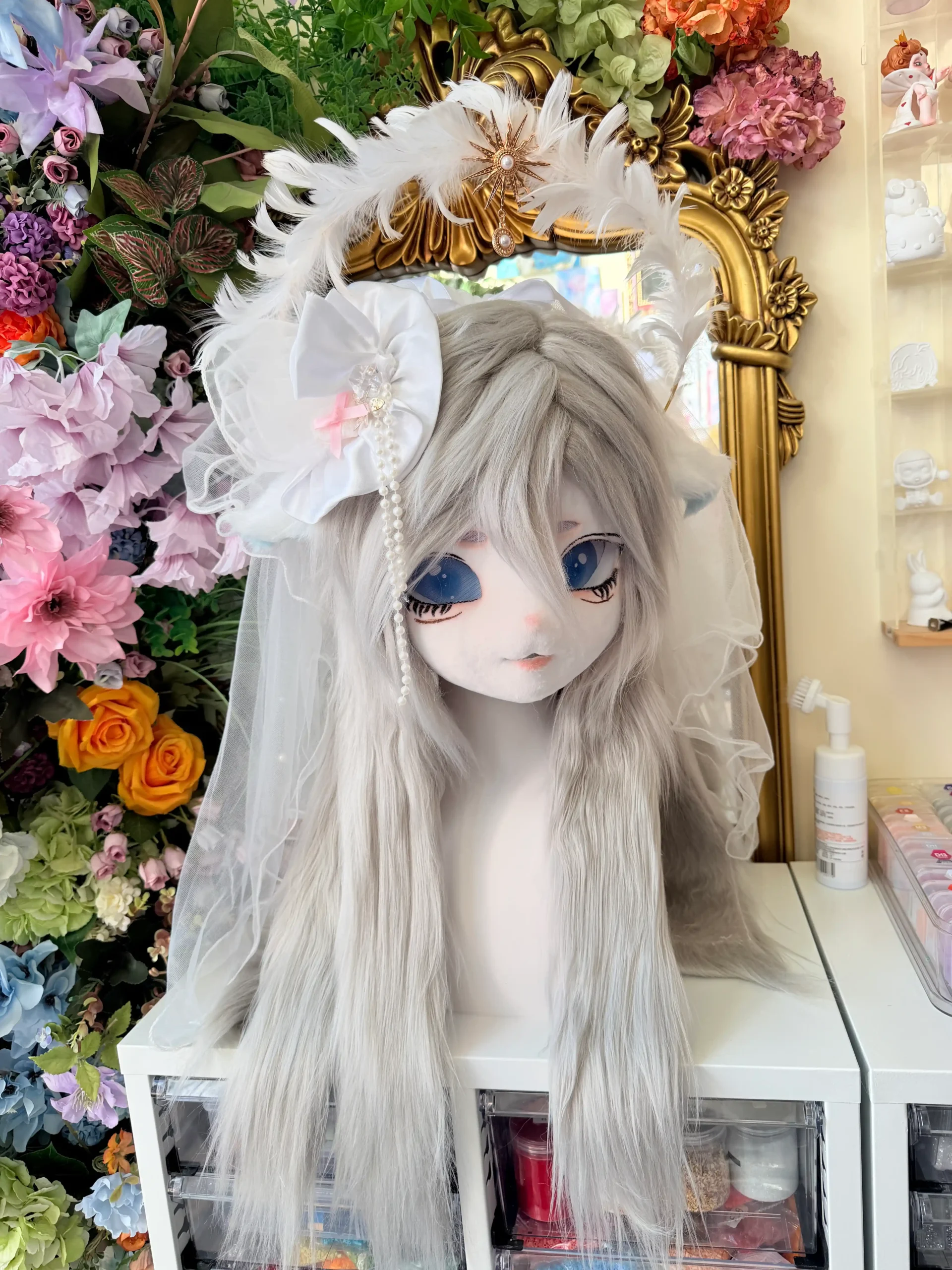 Fursuit Head – Ivory Seraph Veil Kemono (White & Silver)
