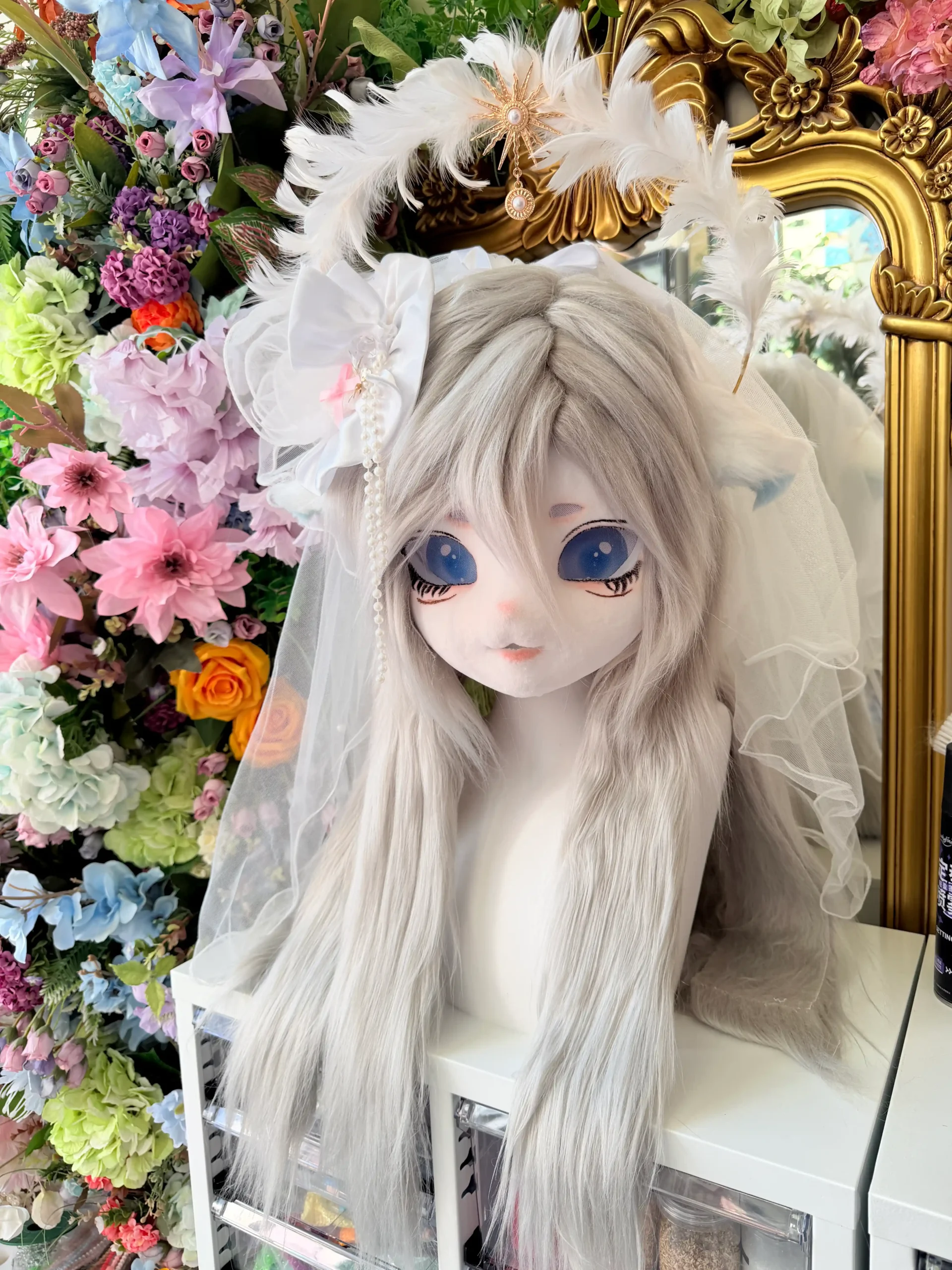 Fursuit Head – Ivory Seraph Veil Kemono (White & Silver)