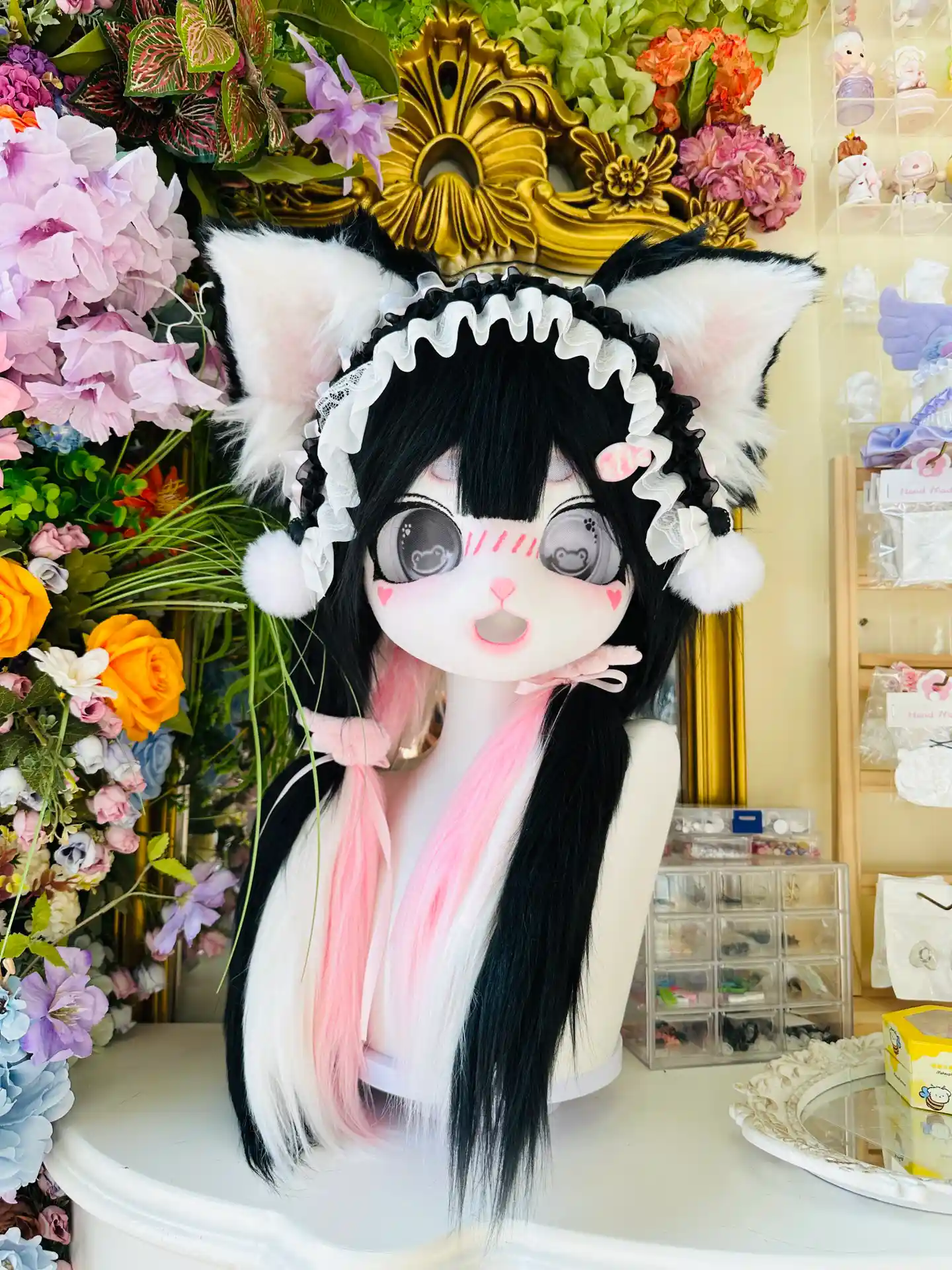 Fursuit Head – Midnight Doll Maid Kemono (Black, White & Blush Pink)