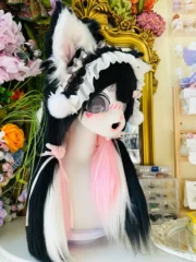 Fursuit Head – Midnight Doll Maid Kemono (Black, White & Blush Pink)