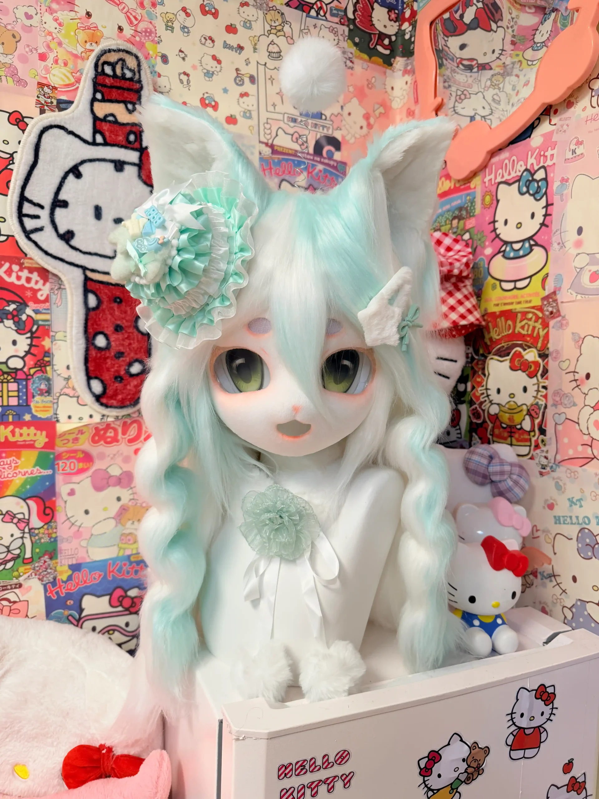 Fursuit Head – Mint Halo Pastel Kemono (Aqua & White)