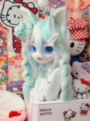 Fursuit Head – Mint Halo Pastel Kemono (Aqua & White)