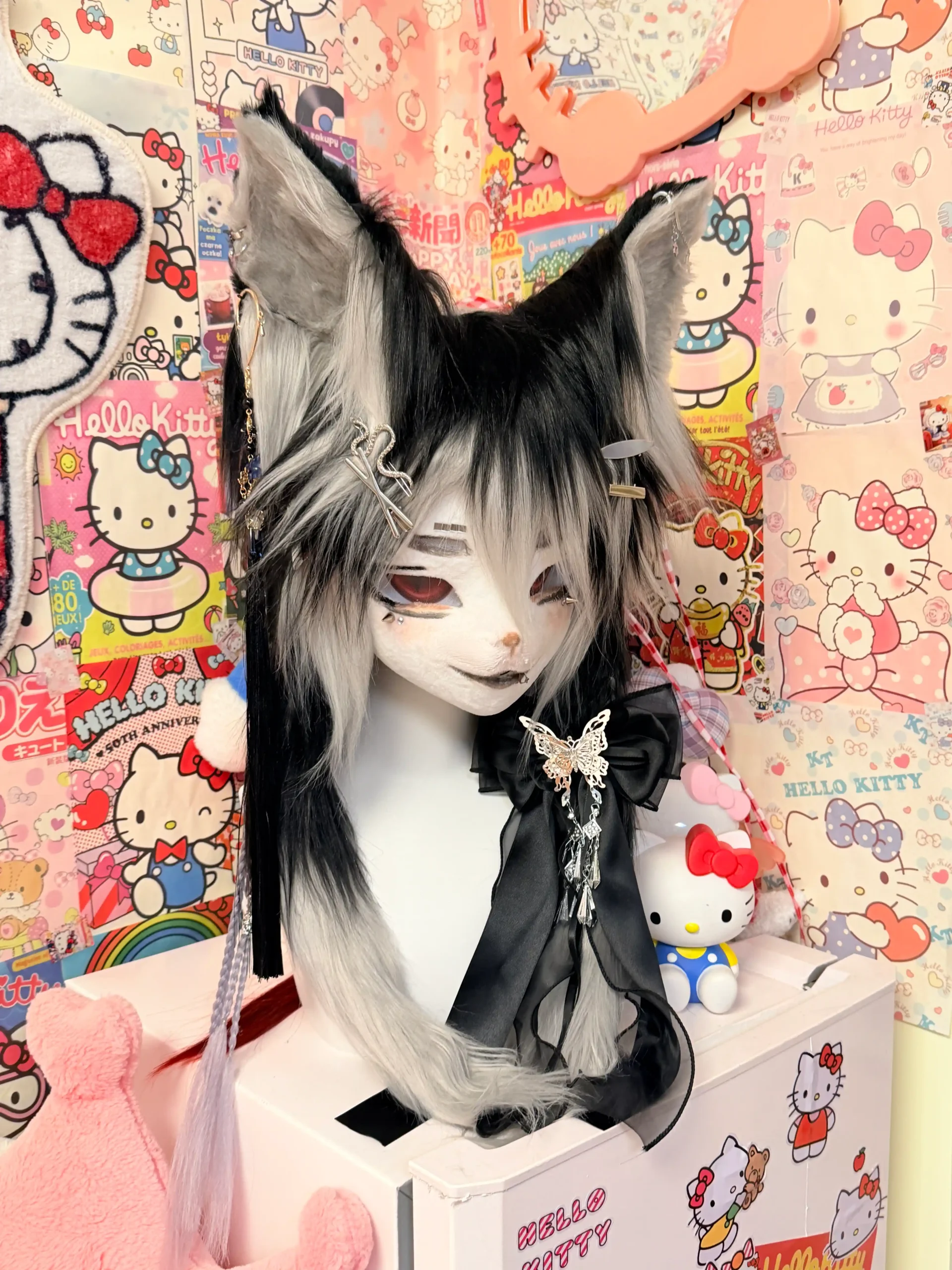 Fursuit Head – Nocturne Thorn Kemono (Black, Silver & White)