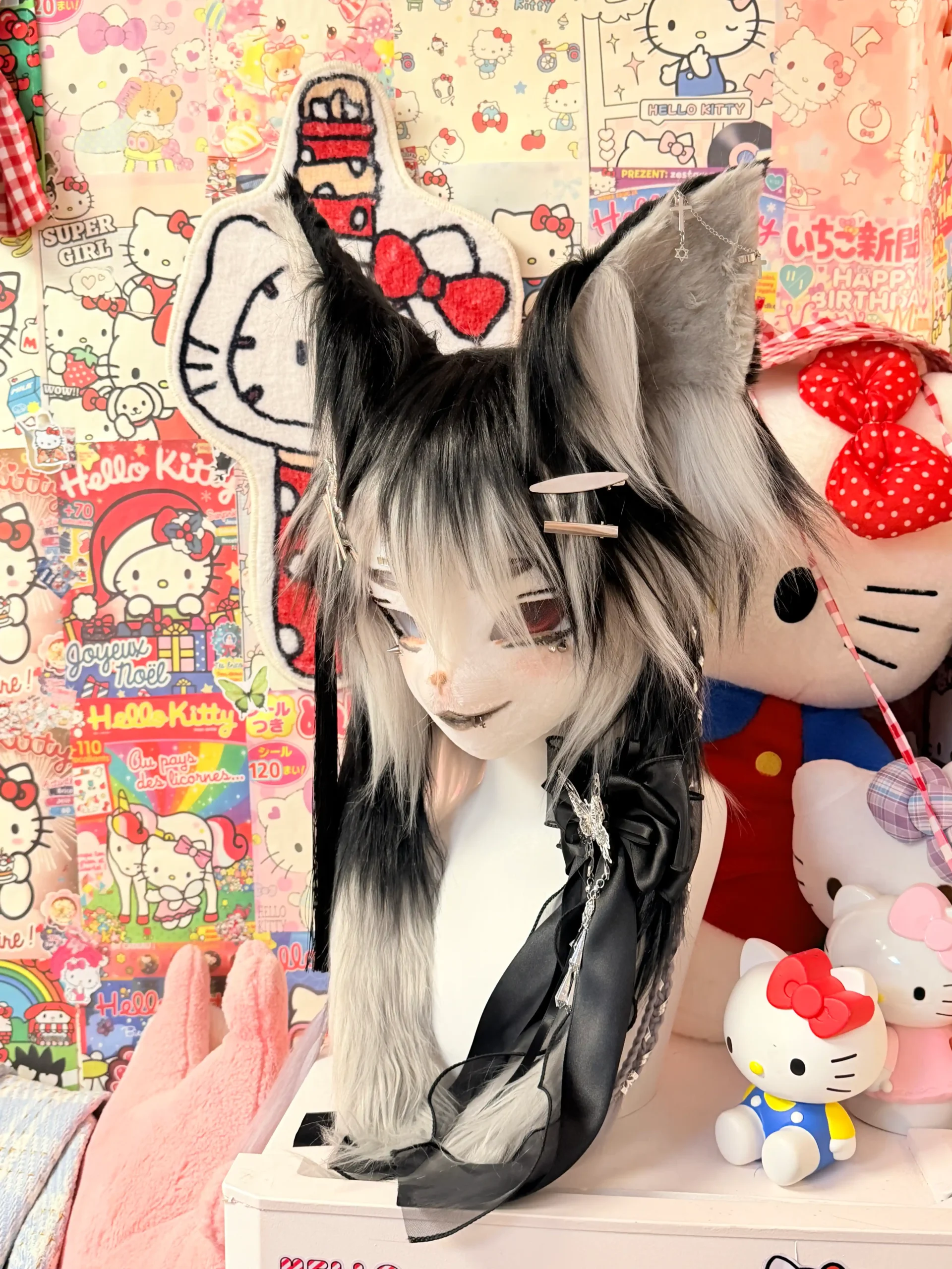 Fursuit Head – Nocturne Thorn Kemono (Black, Silver & White)