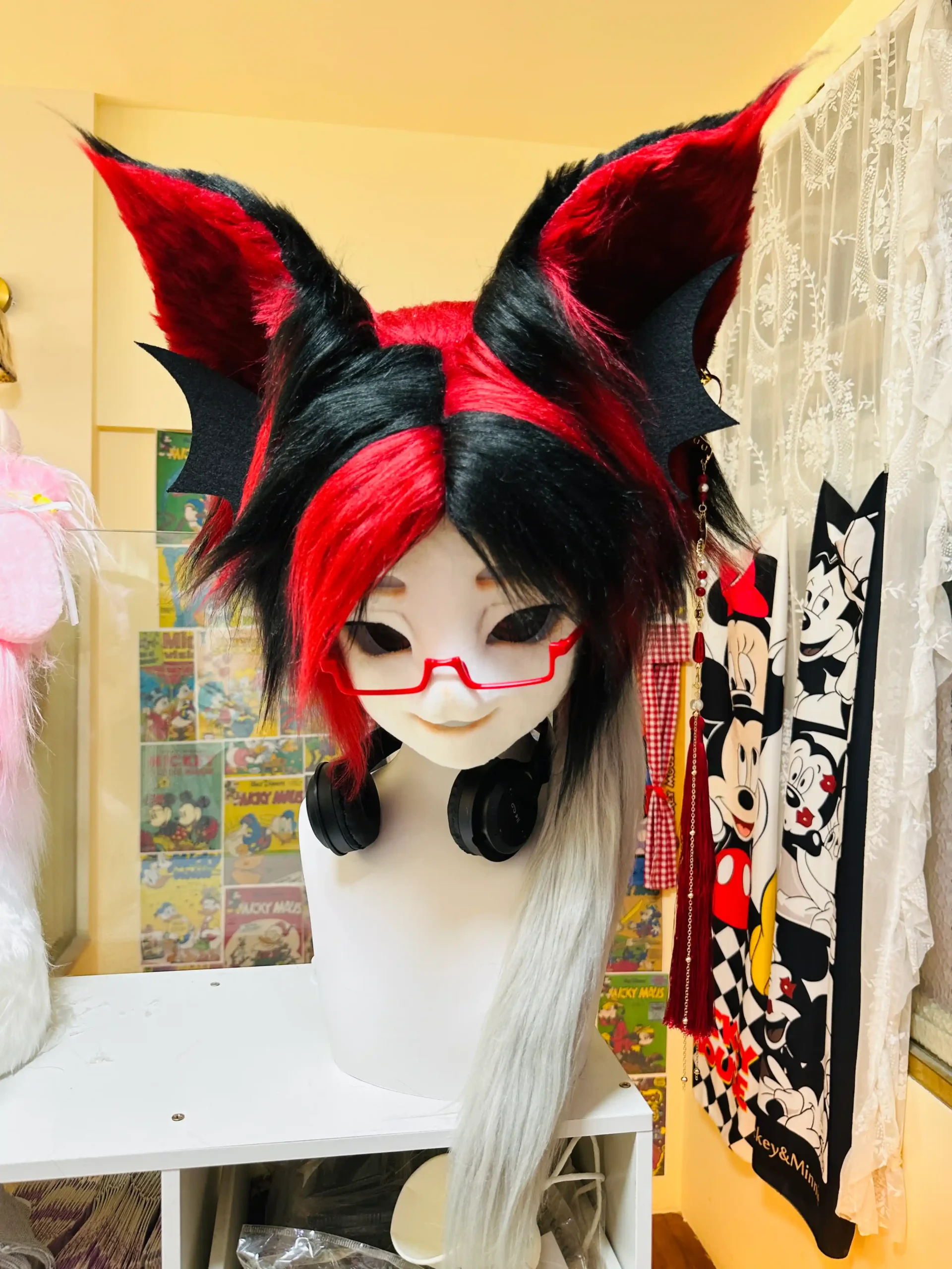 Fursuit Head – Redline Circuit Cyber Kemono (Black, Crimson & Silver)