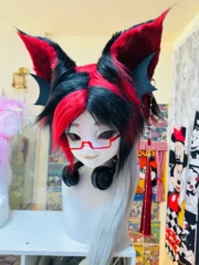 Fursuit Head – Redline Circuit Cyber Kemono (Black, Crimson & Silver)