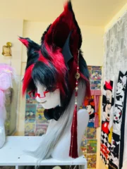 Fursuit Head – Redline Circuit Cyber Kemono (Black, Crimson & Silver)