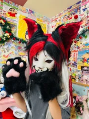 Fursuit Head – Redline Circuit Cyber Kemono (Black, Crimson & Silver)