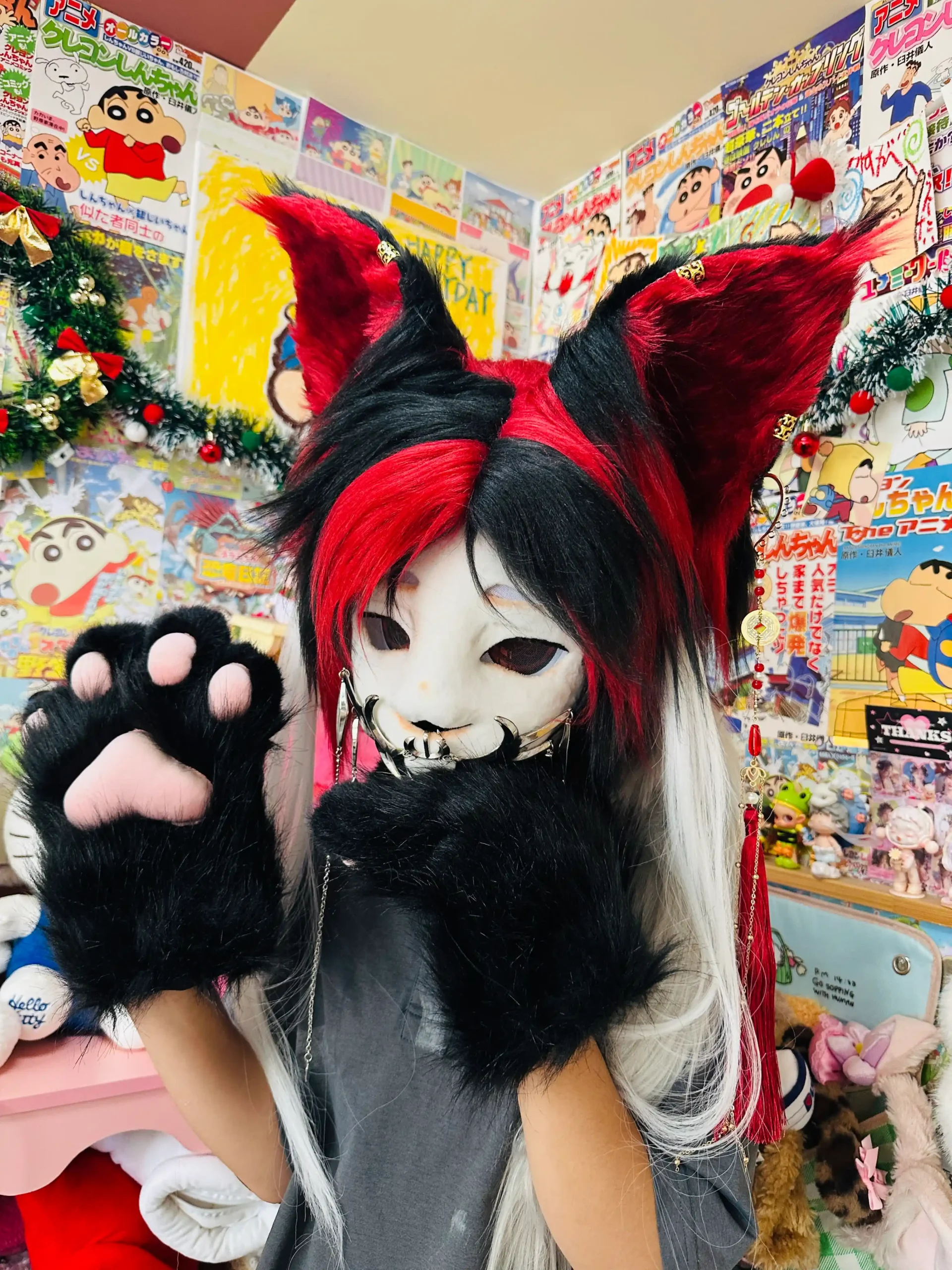 Fursuit Head – Redline Circuit Cyber Kemono (Black, Crimson & Silver)