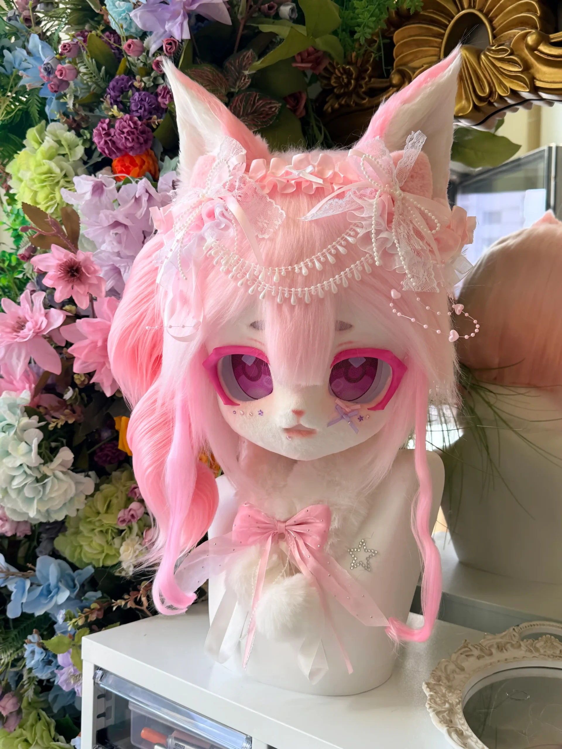 Fursuit Head – Rosette Pearl Sweet Kemono (Blush Pink & Ivory)