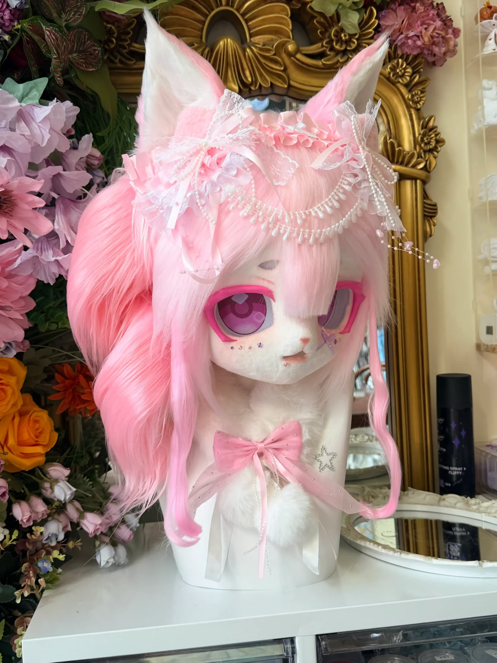 Fursuit Head – Rosette Pearl Sweet Kemono (Blush Pink & Ivory)