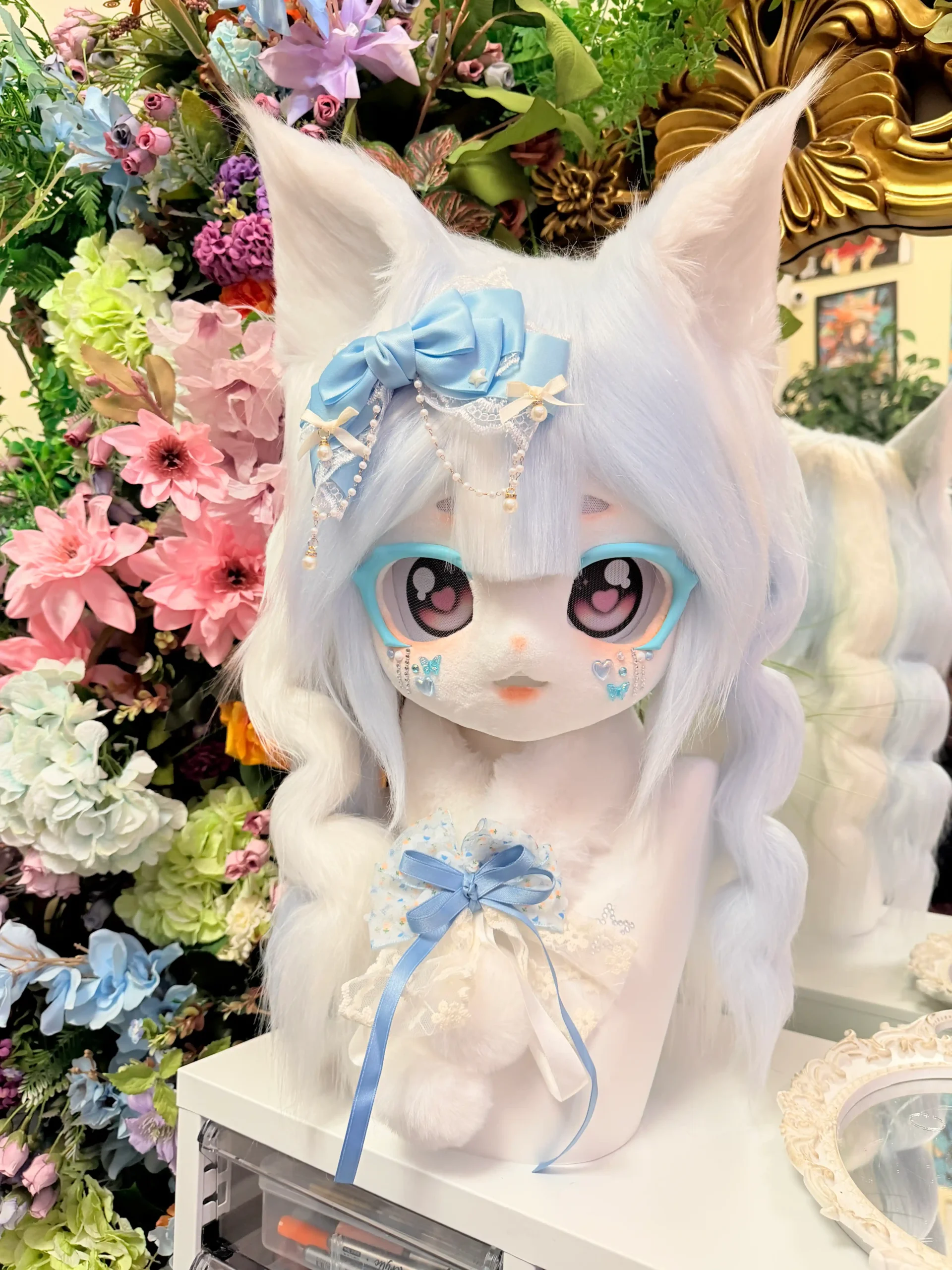 Fursuit Head – Sky Lace Sweet Kemono (White & Baby Blue)