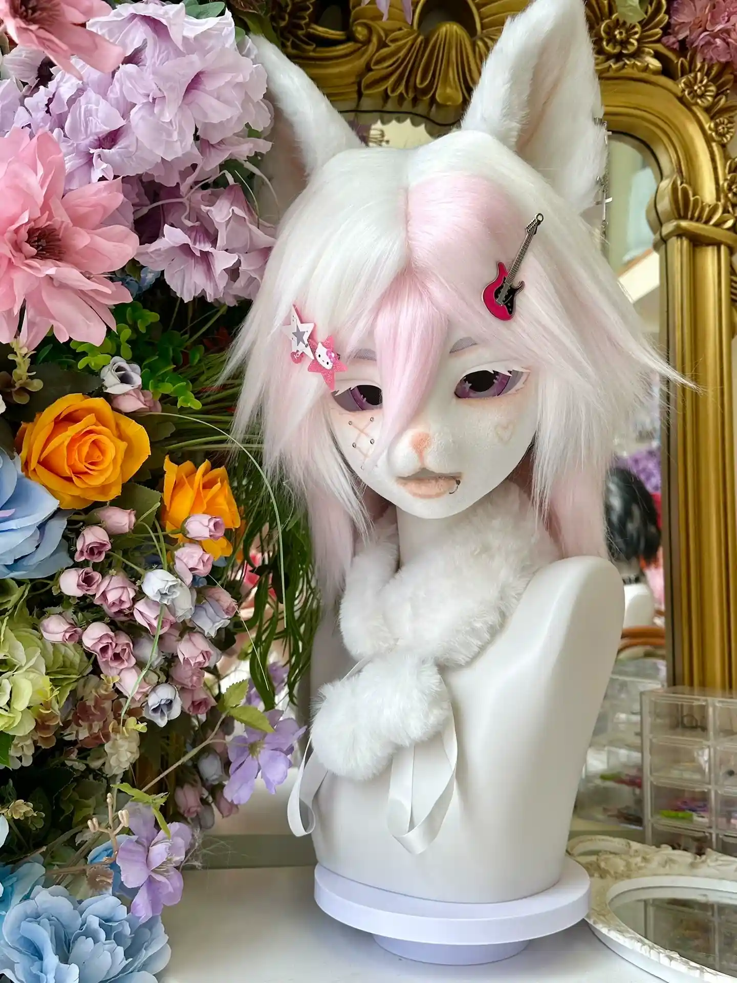 Fursuit Head – Soft Bloom Gentle Kemono (White & Blush Pink)