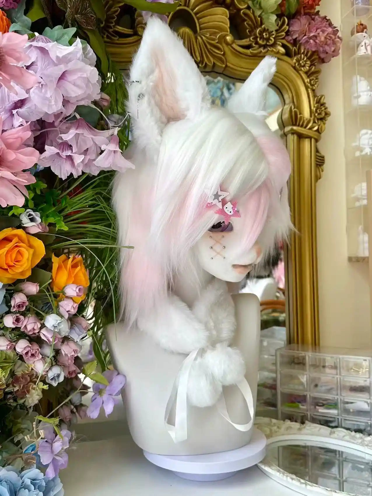 Fursuit Head – Soft Bloom Gentle Kemono (White & Blush Pink)
