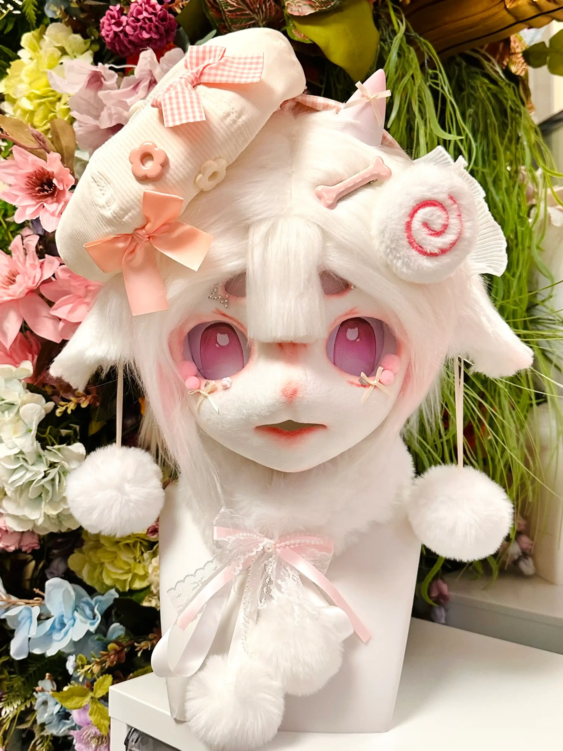 Fursuit Head – Strawberry Cream Sweet Kemono (Soft Pink & White)
