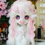 Fursuit Head – Sugar Angel Pastel Kemono (White & Soft Pink)