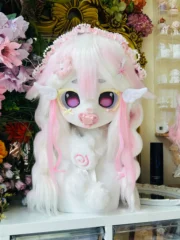 Fursuit Head – Sugar Angel Pastel Kemono (White & Soft Pink)