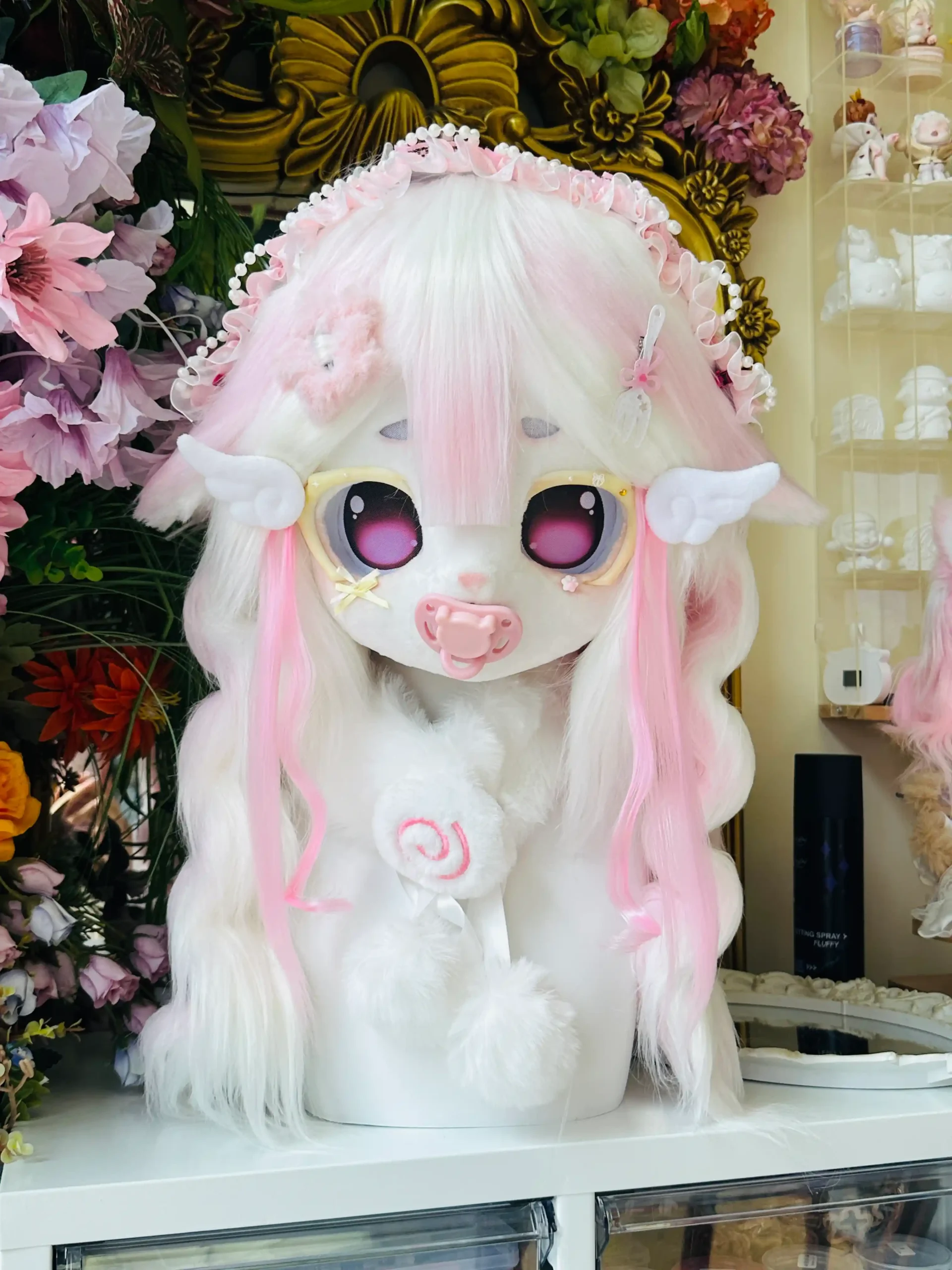 Fursuit Head – Sugar Angel Pastel Kemono (White & Soft Pink)