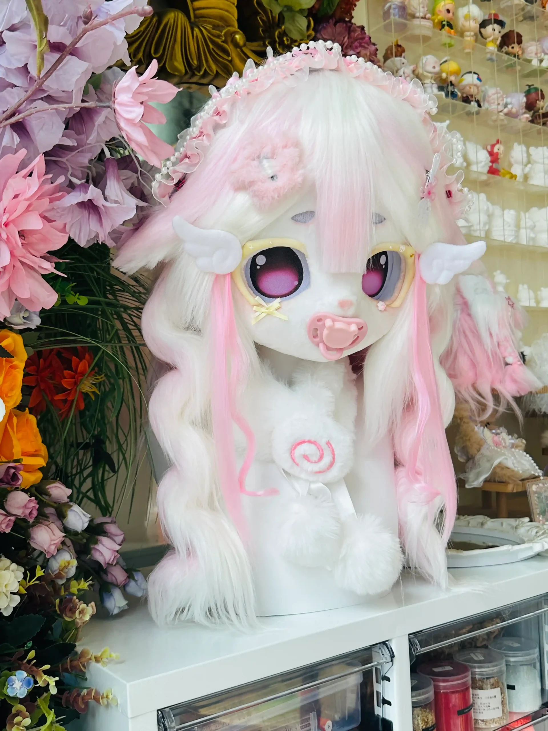 Fursuit Head – Sugar Angel Pastel Kemono (White & Soft Pink)