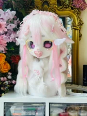 Fursuit Head – Sugar Angel Pastel Kemono (White & Soft Pink)
