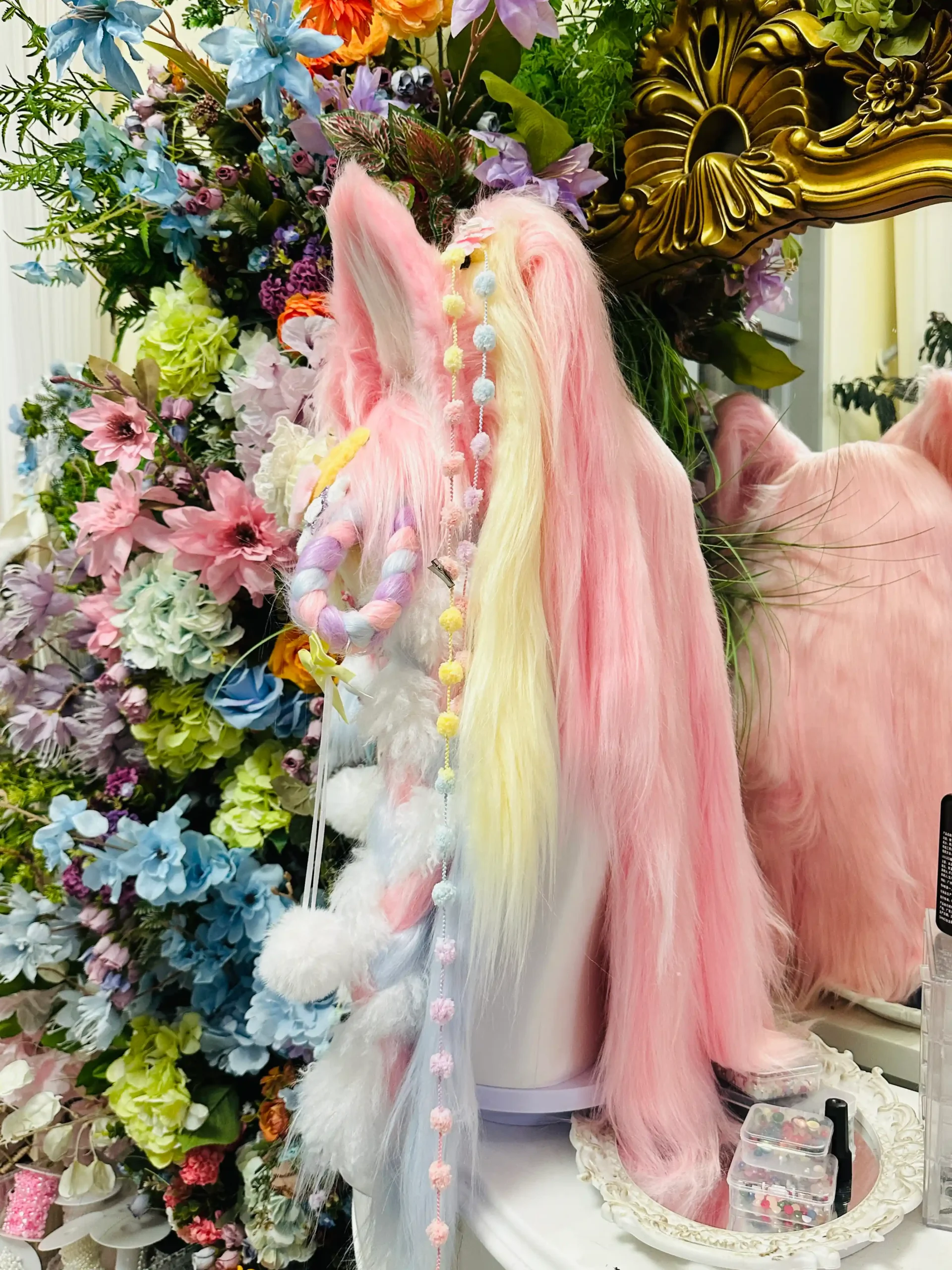 Fursuit Head – Sugar Blossom Fairy Yume Kemono (Pastel Rainbow & Cream)