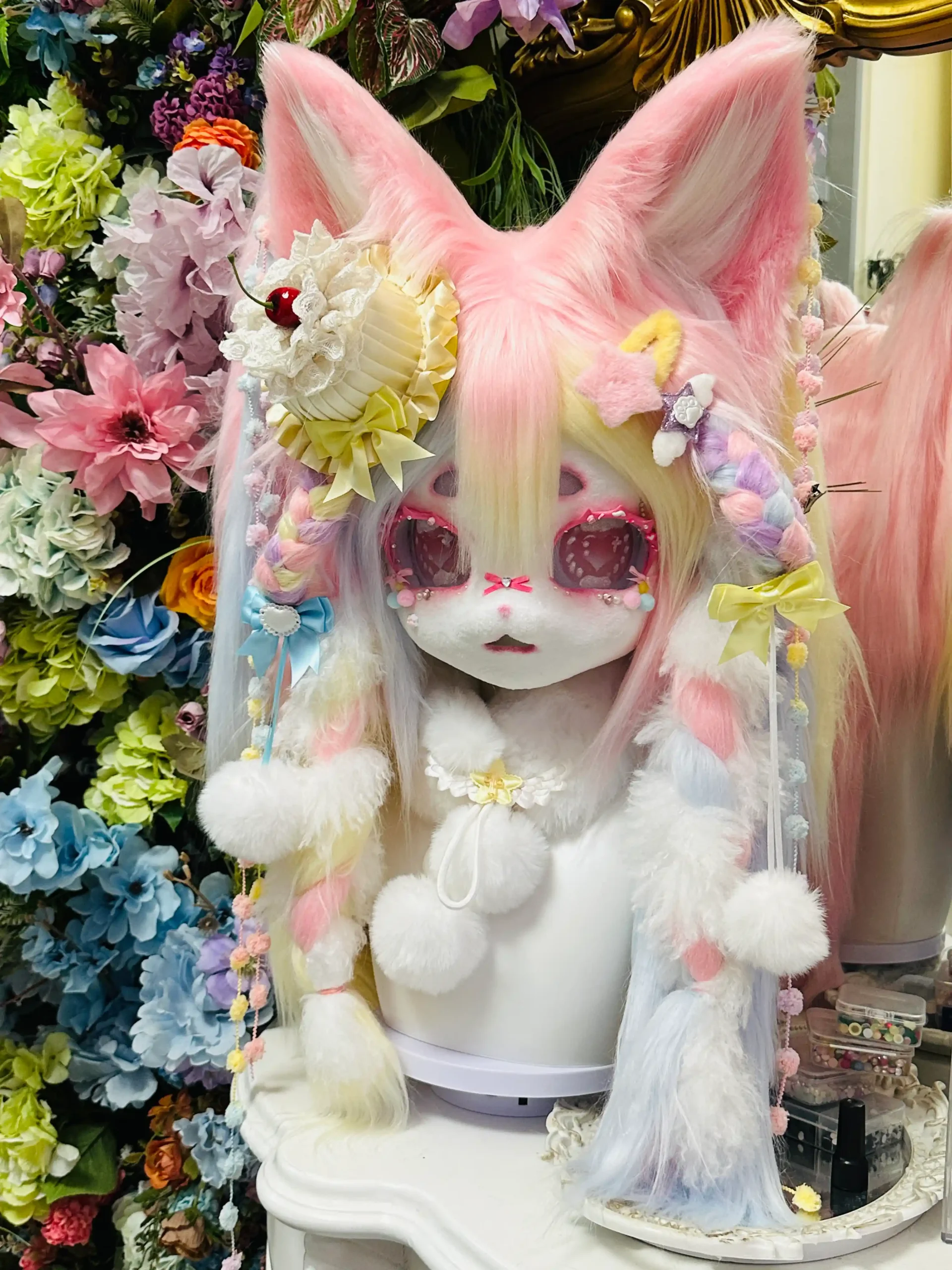 Fursuit Head – Sugar Blossom Fairy Yume Kemono (Pastel Rainbow & Cream)