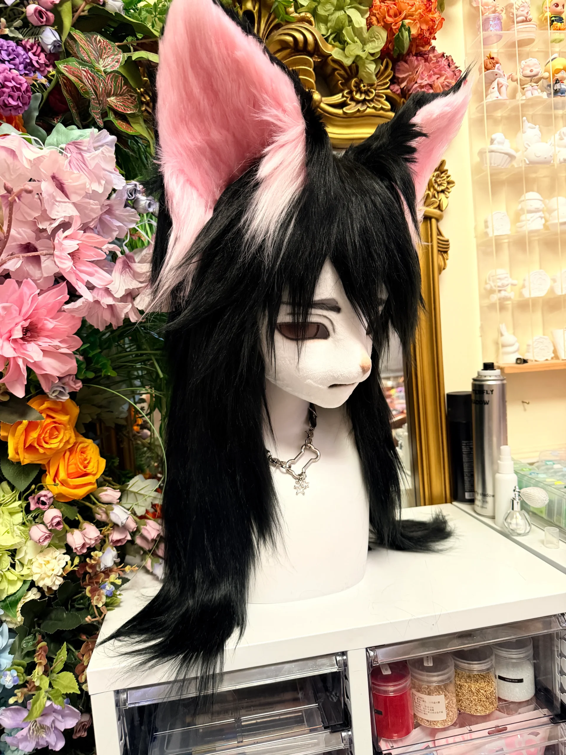 Fursuit Head – Velvet Pulse Kemono (Black & Blush Pink)