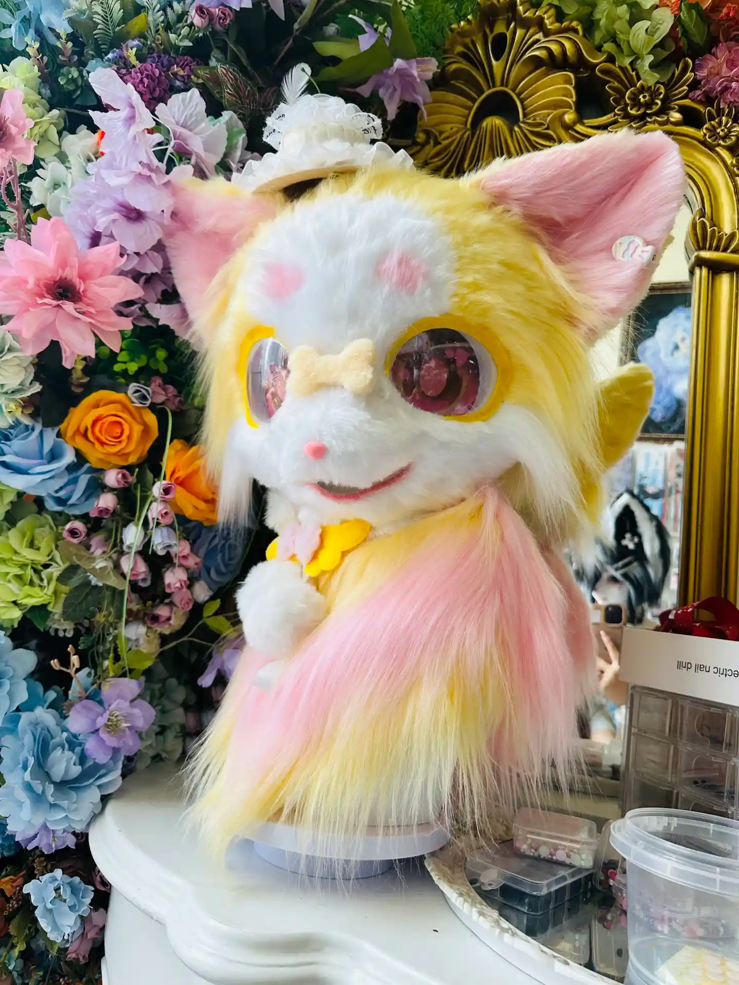 Fursuit Head – Honey Bloom Pastel Kemono (Yellow, Pink & White)
