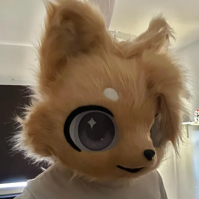 Customer photo of Edvin wearing a handmade golden kemono fursuit head